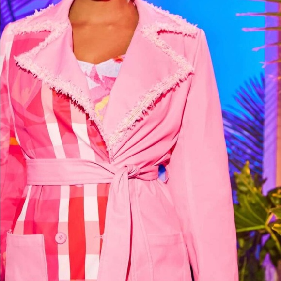 SHEIN X CHIASMO Plaid Print Raw Trim Double Breasted Belted Trench Coat - Picture 2 of 8